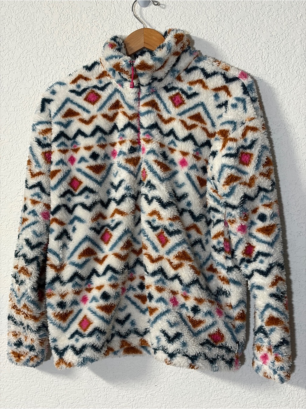 Eddie Bauer Aztec Geometric White Multi Faux-Sherpa Plush Half-Zip Pullover